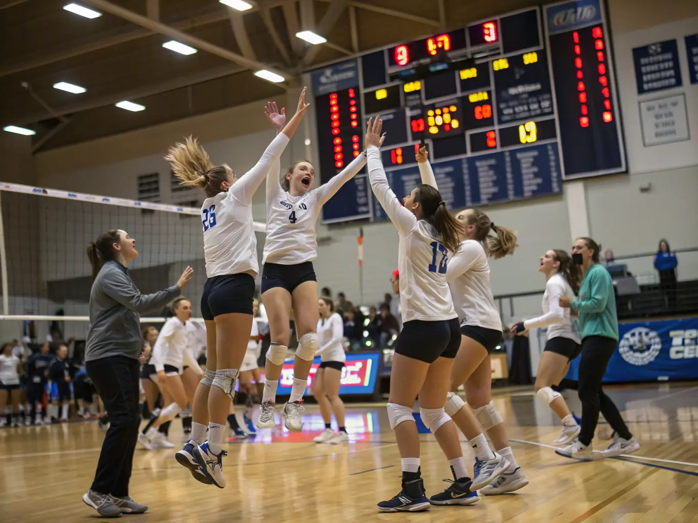 A group of students celebrating a victory after a volleyball game, showcasing the joy of teamwork and achievement.