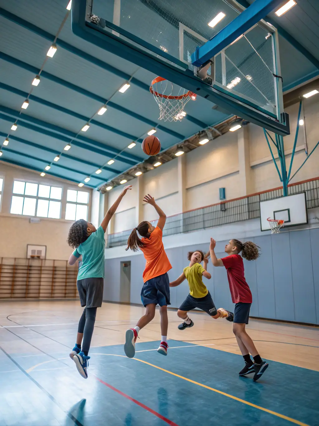 An action shot of students playing basketball in the school gymnasium, emphasizing the fast-paced nature and excitement of the sport.
