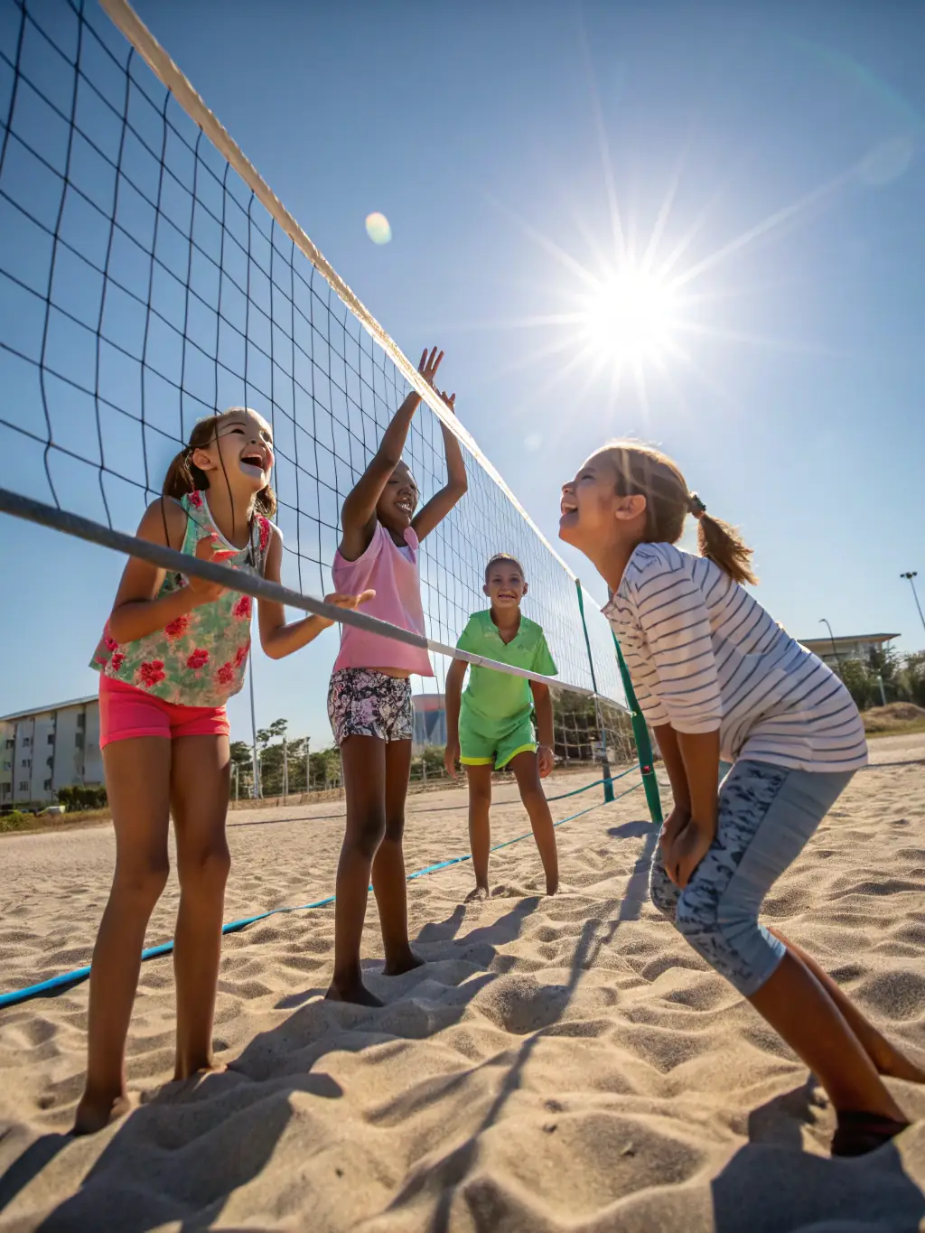 A group of students practicing volleyball on the beach, highlighting the fun and camaraderie of the activity.