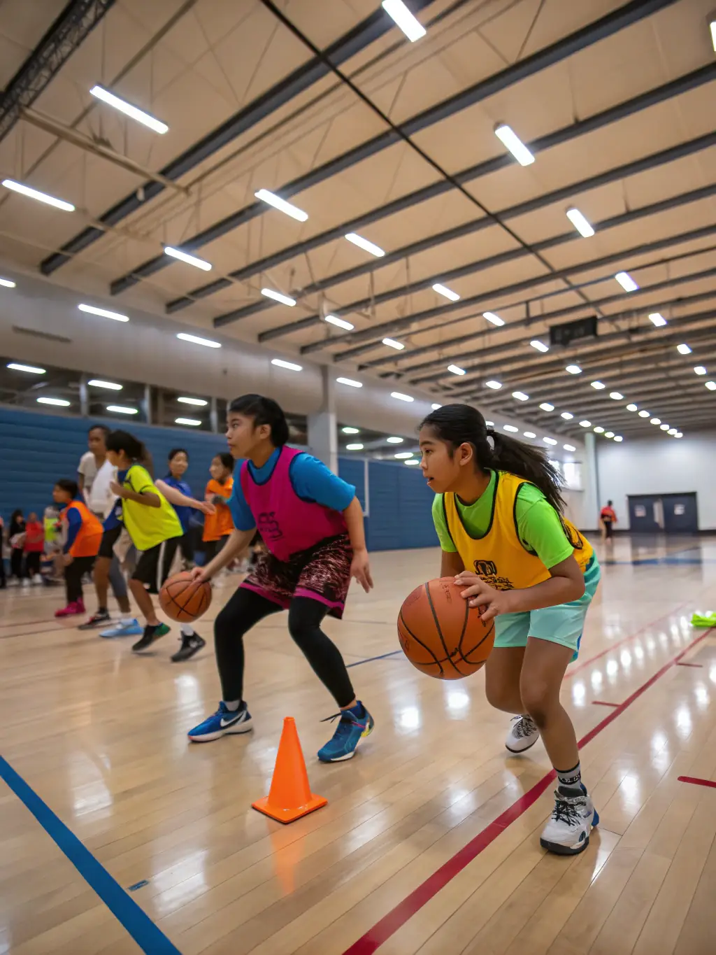 A group of students playing basketball in the school gymnasium, focusing on teamwork and skill development.