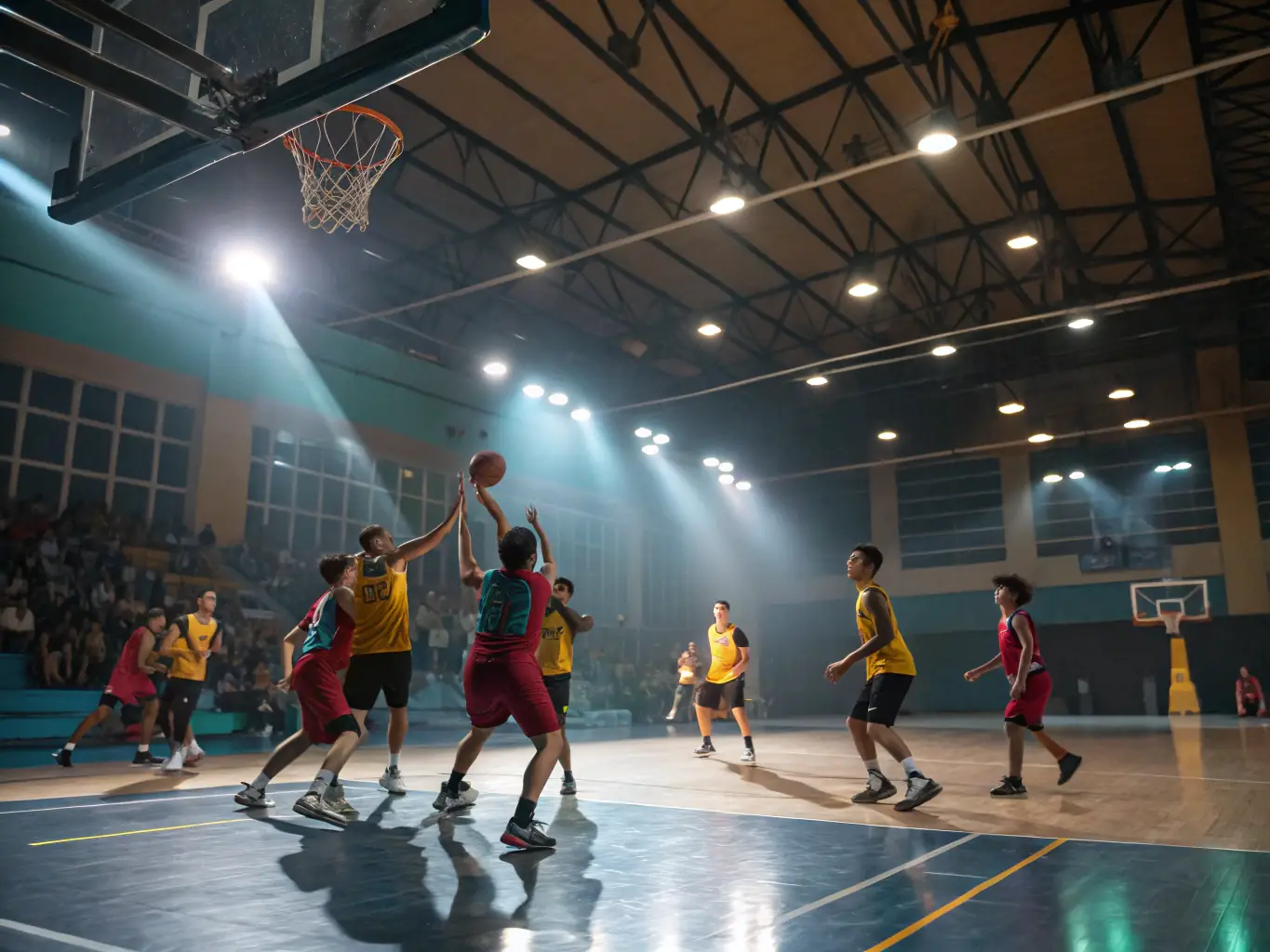 A vibrant image of students playing basketball in the school gymnasium, emphasizing the fun and collaborative aspects of team sports.