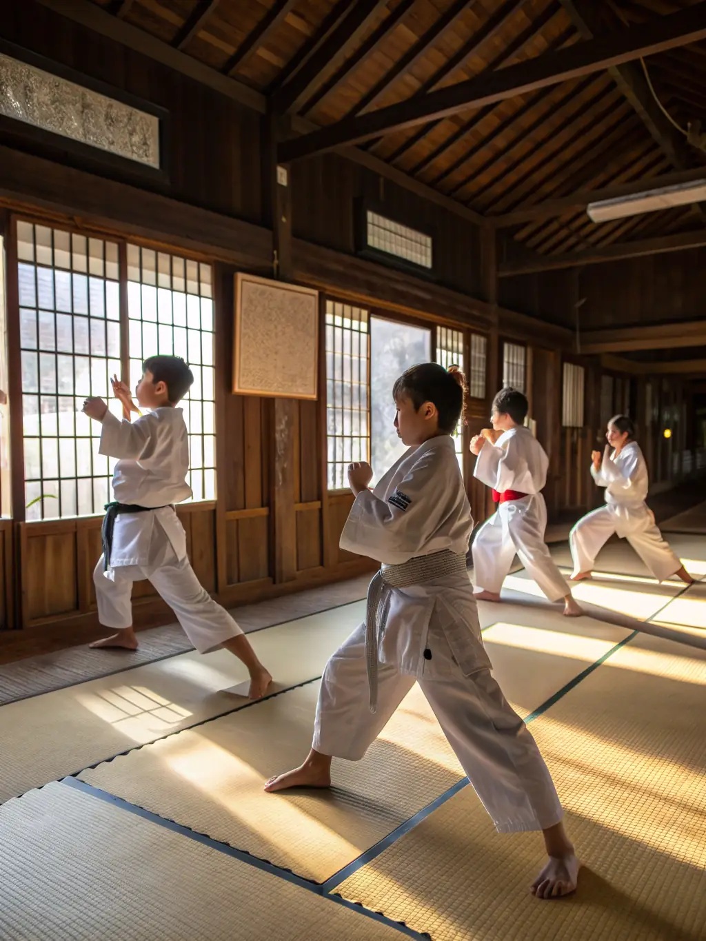 Students practicing martial arts in a dojo, focusing on discipline and self-defense.